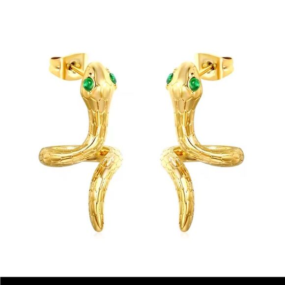 Gold Snake Earrings with Green Gemstone - Picture 1 of 5